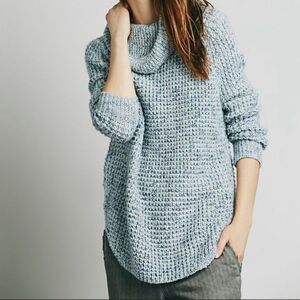Free People Dylan Tweedy Ice Blue Chunky Turtleneck Cowlneck Sweater Boho XS